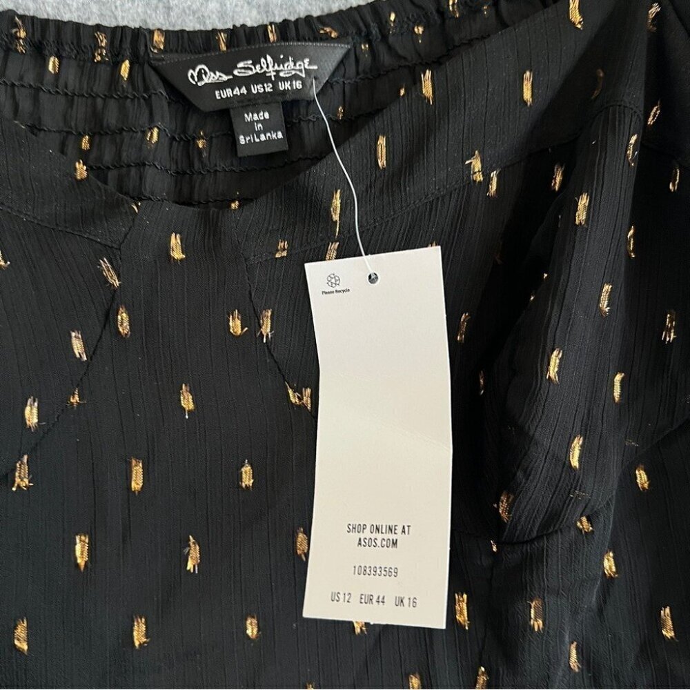 MISS SELFRIDGE Fit & Flare Black Mini Dress with Gold Foil Accents Size 12 NWT - Picture 6 of 11